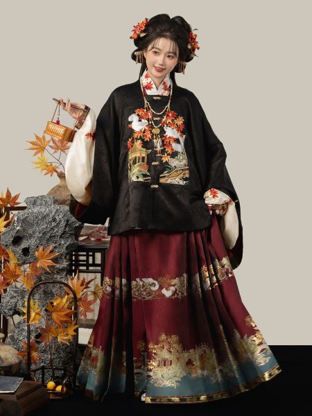File:燕云织造【雪尾丹枫】枫叶刺绣黑色方领补服对穿交织金马面裙女-淘宝网 主图 001.jpg