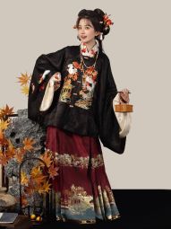 燕云织造【雪尾丹枫】枫叶刺绣黑色方领补服对穿交织金马面裙女-淘宝网 主图 005.jpg